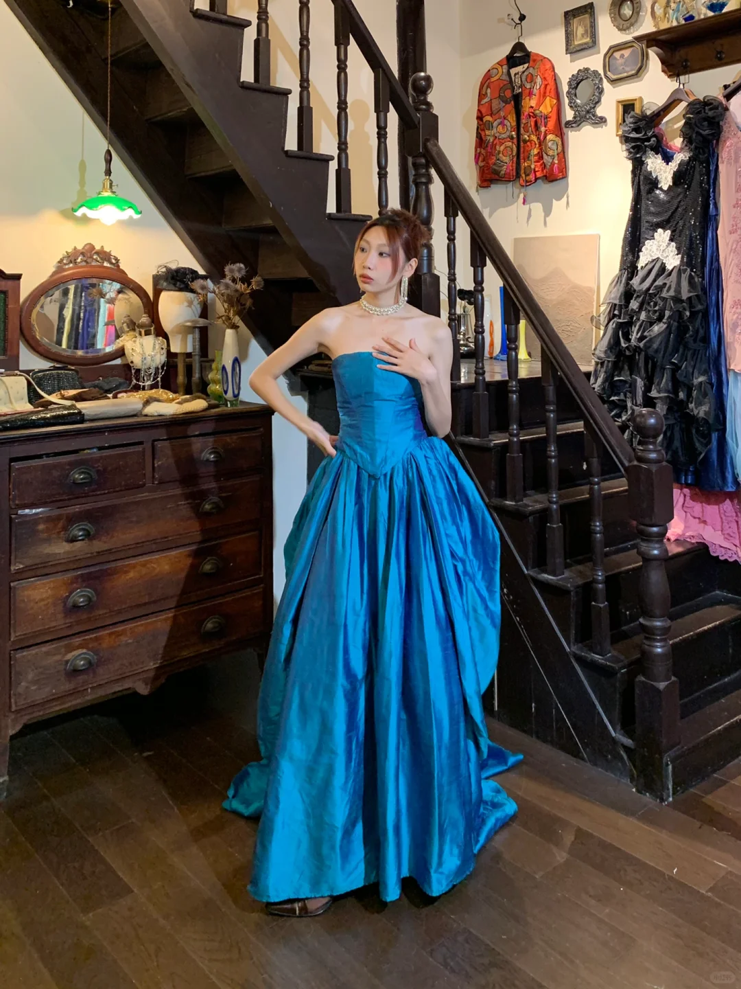 Vintage A Line Strapless Blue Satin Long Party Dress Evening Dress DP2438
