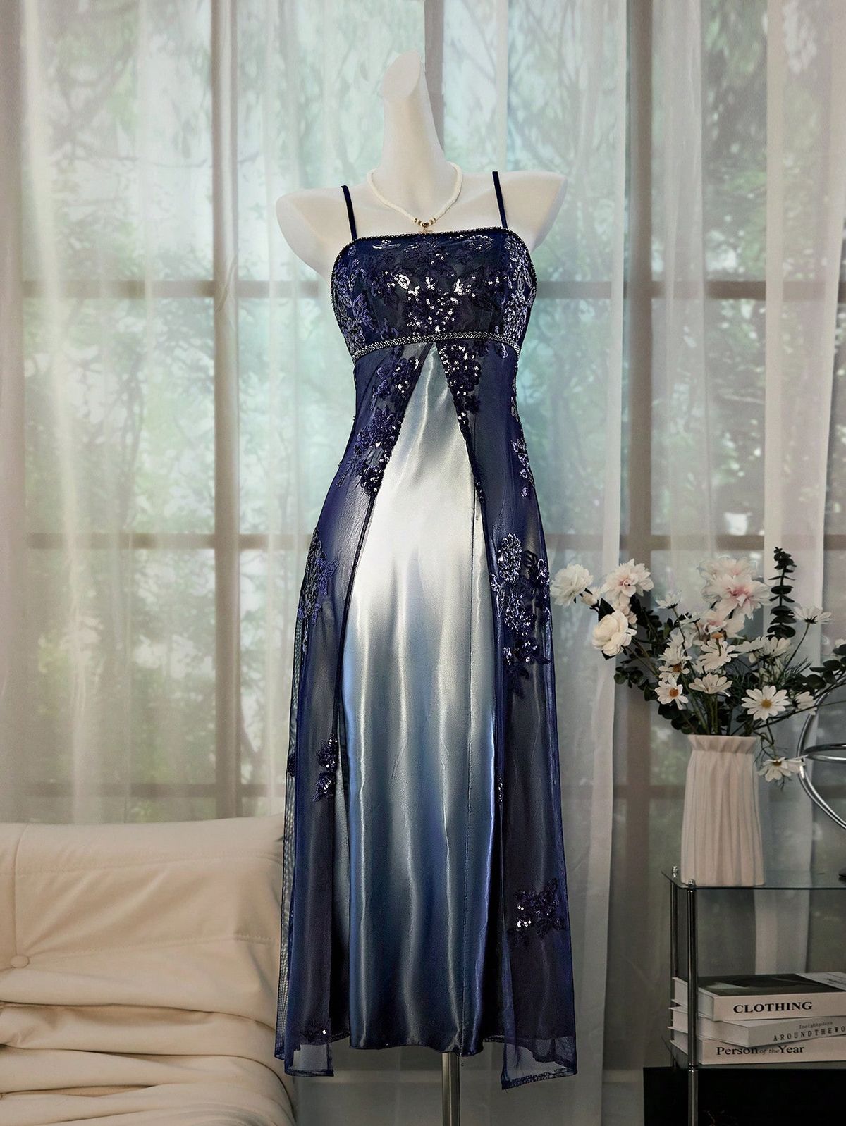 Vintage Blue Gradient A Line Spaghetti Strap Sequin Satin Tulle Prom Dress DP4791