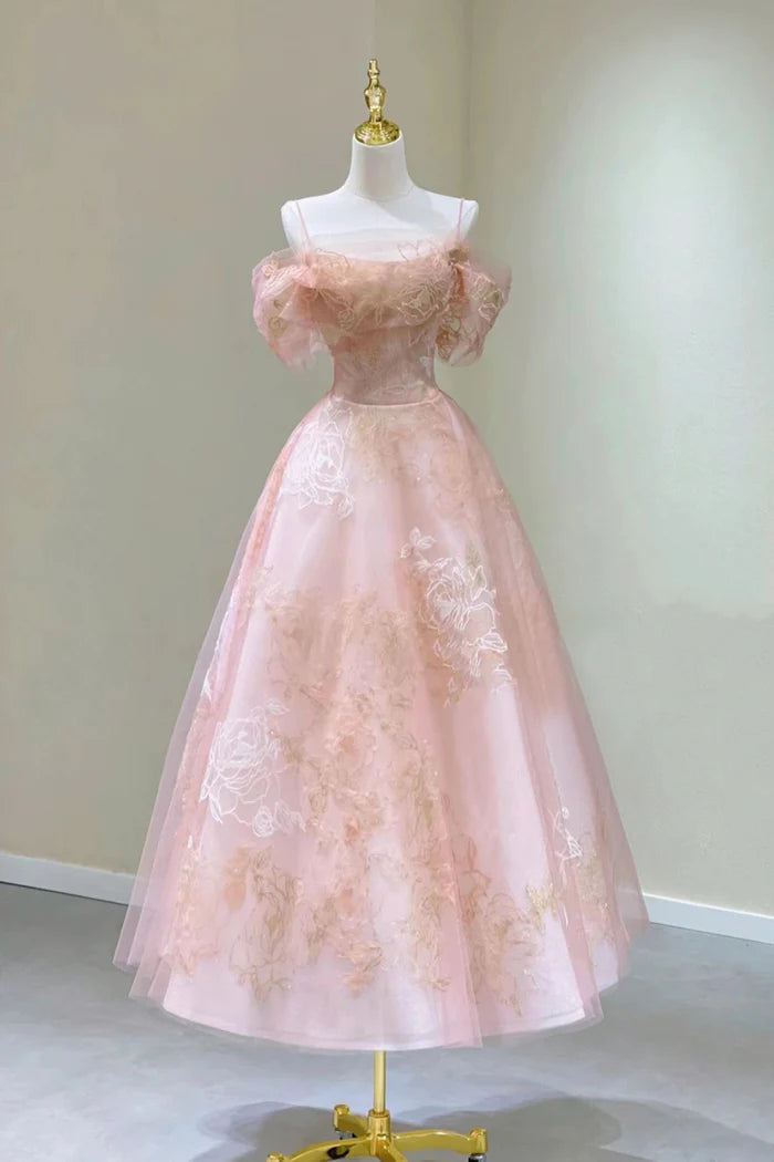 Cute A Line Off the Shoulder Pink Tulle Lace Party Dress Evening Dress DP2288
