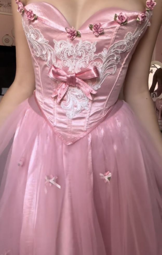 Princess A Line Strapless Lace Flower Pink Satin Tulle Prom Dress Birthday Dress DP2631