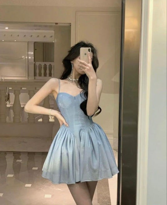 Stunning A Line Spaghetti Strap Blue Satin Homecoming Dress Cocktail Dress DP2603