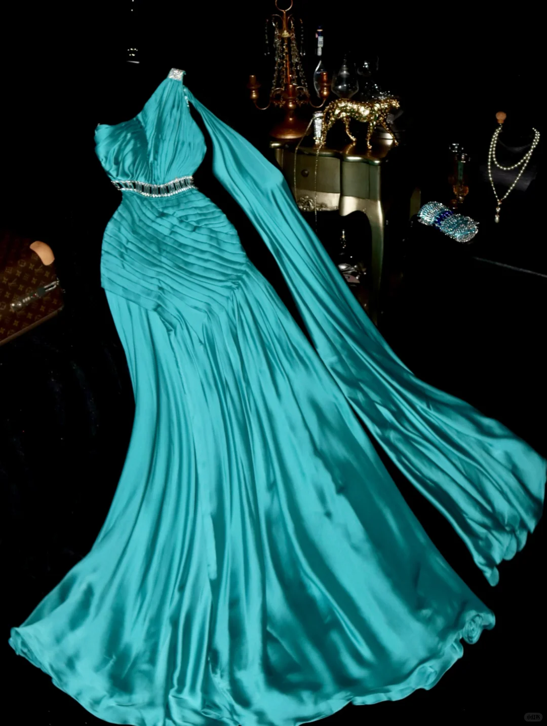Lake Blue Mermaid One Shoulder Beaded Pleated Satin Prom Dress Party Evening Dress DP5331