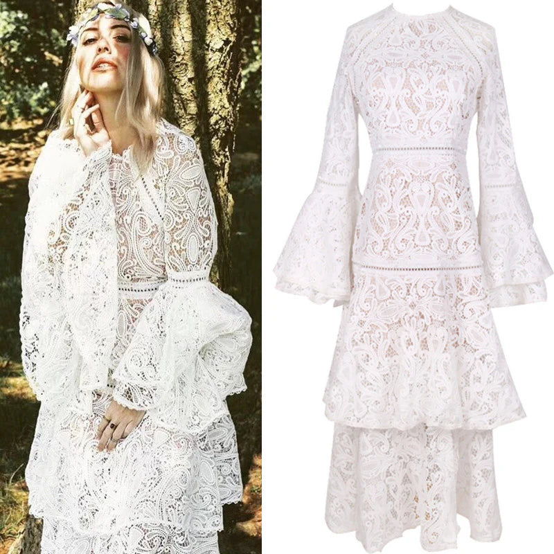White A Line Round Neck Long Sleeve Layered Lace Prom Dress Evening Dress DP1539