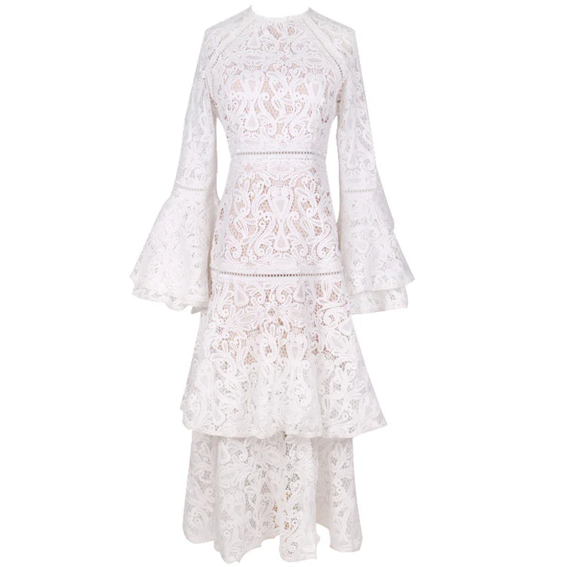 White A Line Round Neck Long Sleeve Layered Lace Prom Dress Evening Dress DP1539