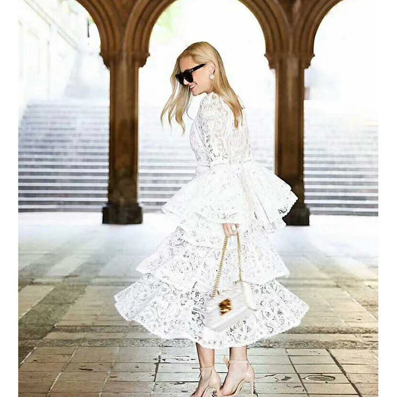 White A Line Round Neck Long Sleeve Layered Lace Prom Dress Evening Dress DP1539