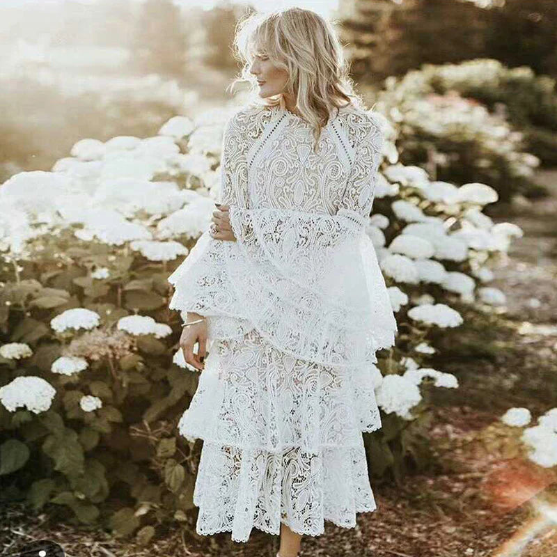 White A Line Round Neck Long Sleeve Layered Lace Prom Dress Evening Dress DP1539