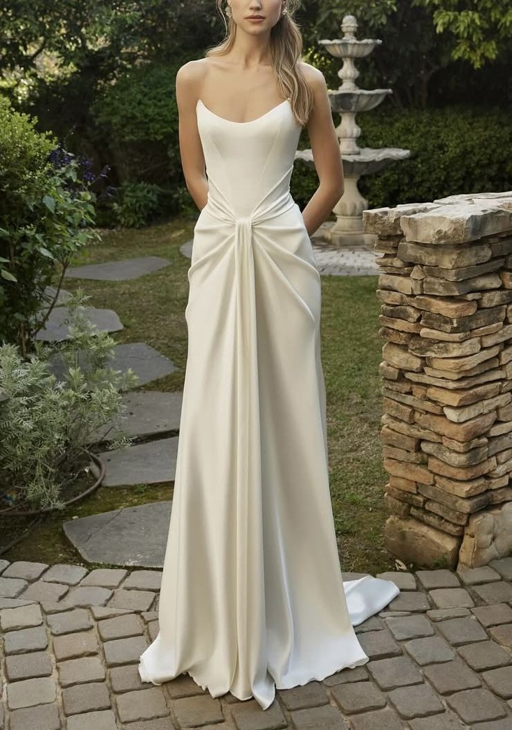 Elegant White A Line Strapless Pleated Satin Long Wedding Dress DP7799