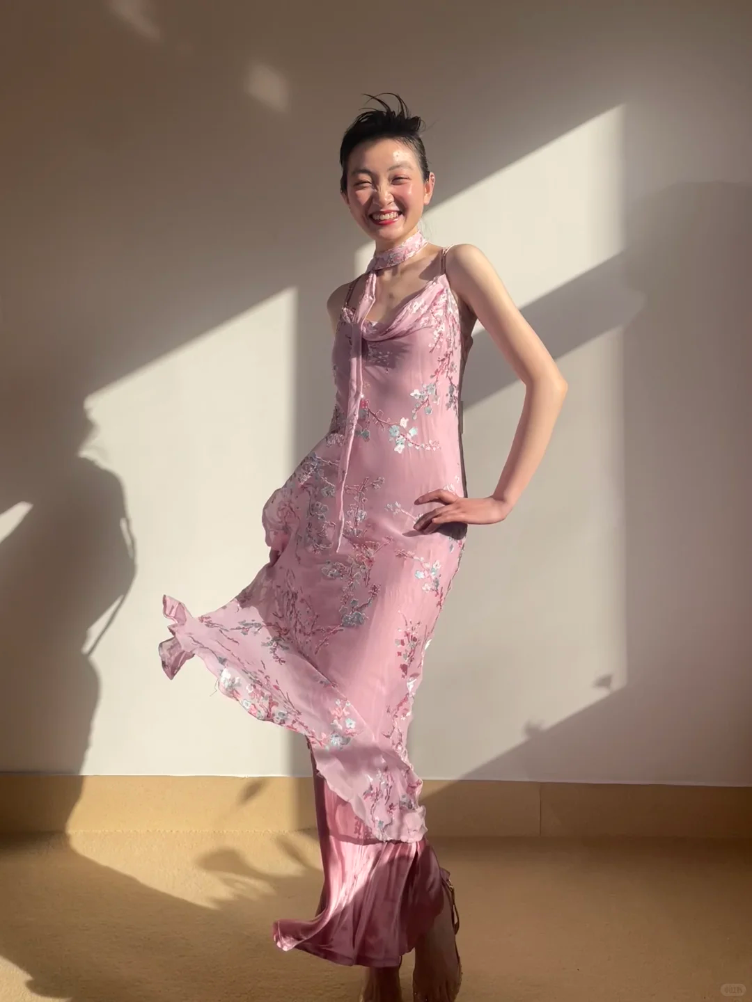 Vintage Gentle Mermaid Spaghetti Strap Print Floral Pink Chiffon Prom Dress Party Dress DP3709