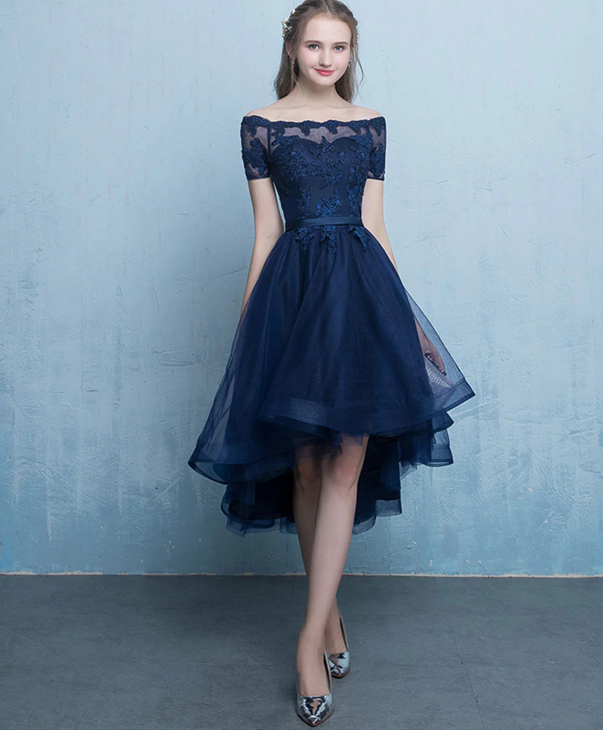 Dark Blue Lace Tulle Short Prom Dress, High Low Evening Dress Homecoming Dress DP3370