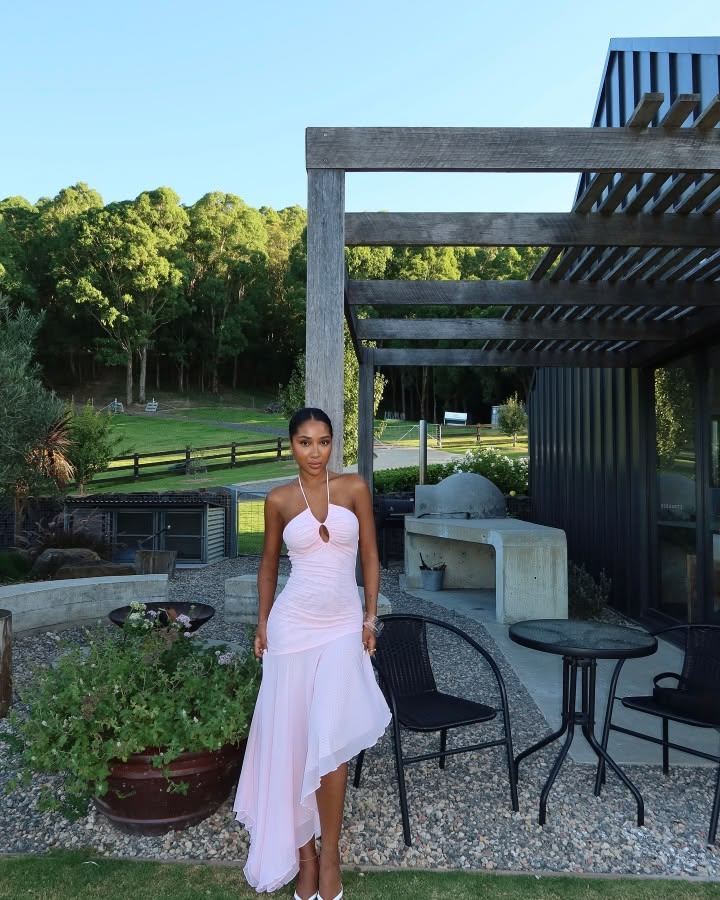 New Light Pink Mermaid Halter Chiffon Backless Prom Dress Evening Dress DP7850