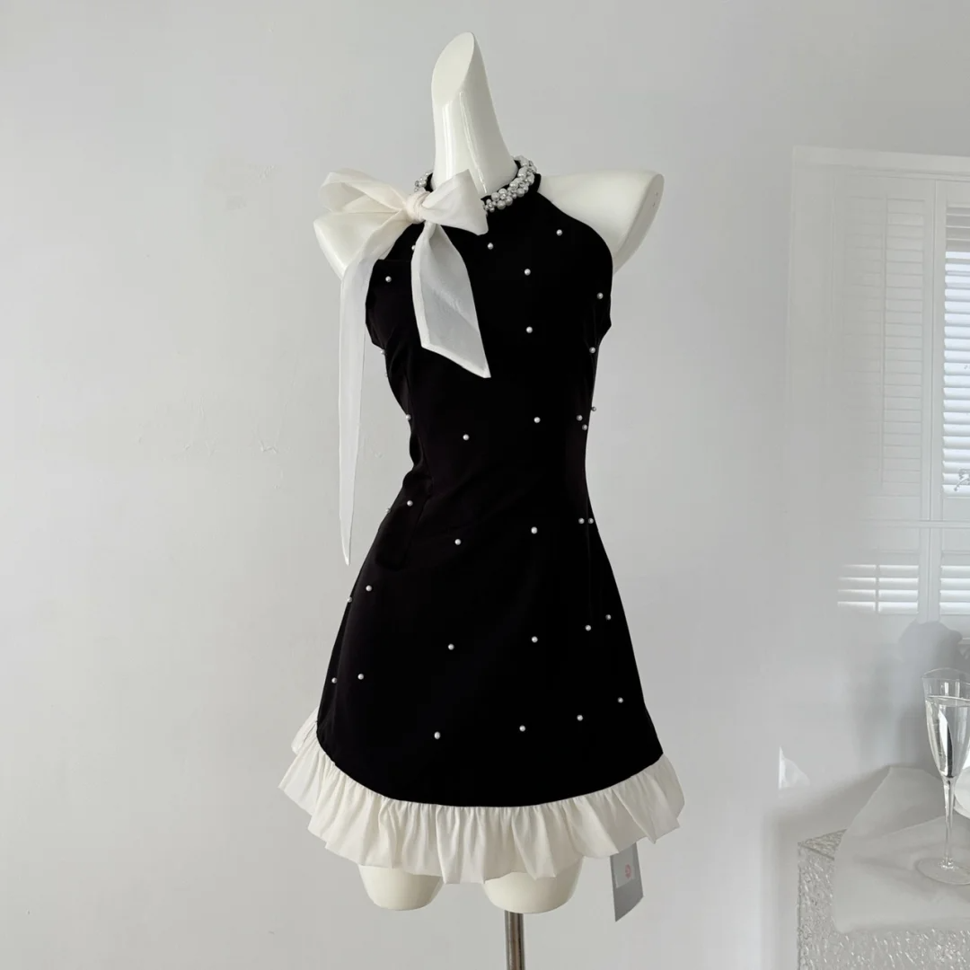 Cute A Line Halter Pearl Black Satin Short Homecoming Dress Cocktail Dress DP2674