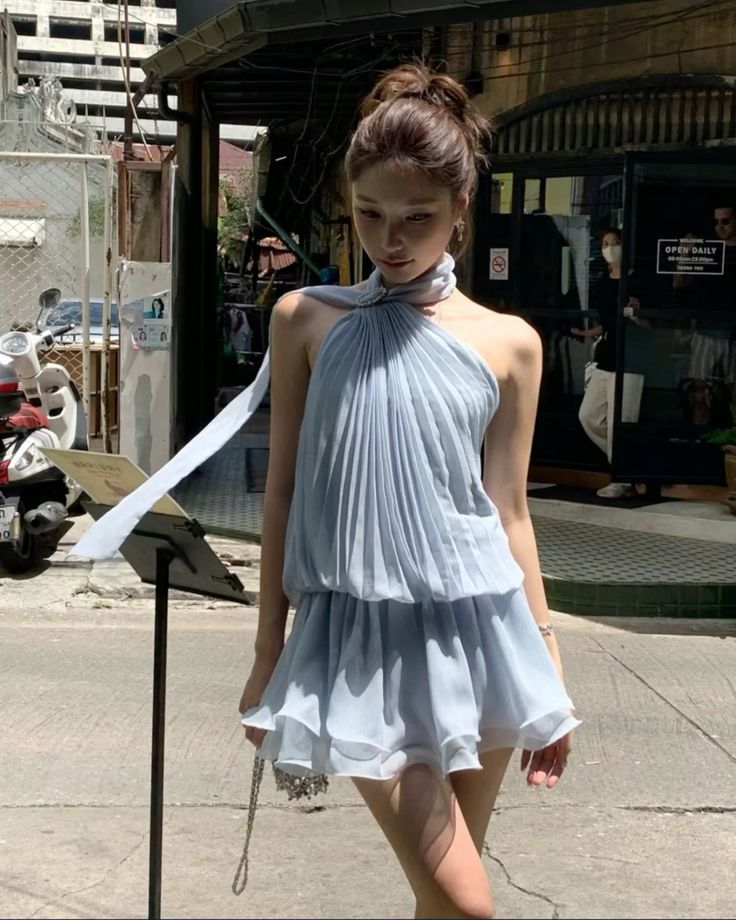 Baby Blue A Line Halter Pleated Chiffon Short Homecoming Dress Party Dress DP2585