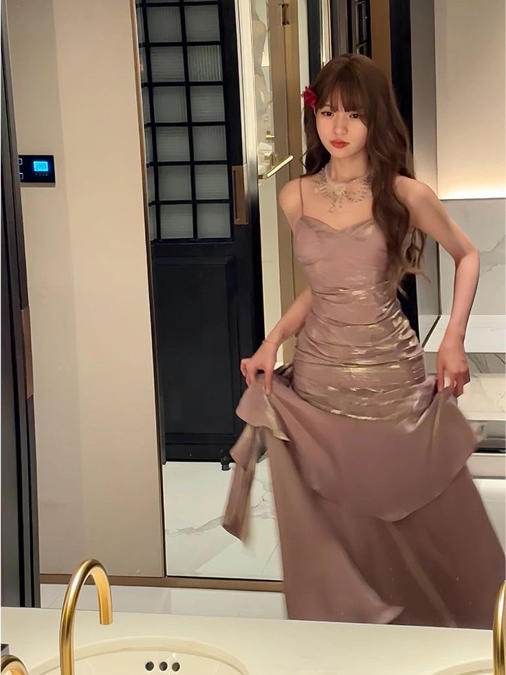 Romantic Pink Mermaid Spaghetti Strap Satin Long Prom Dress Evening Dress DP2032