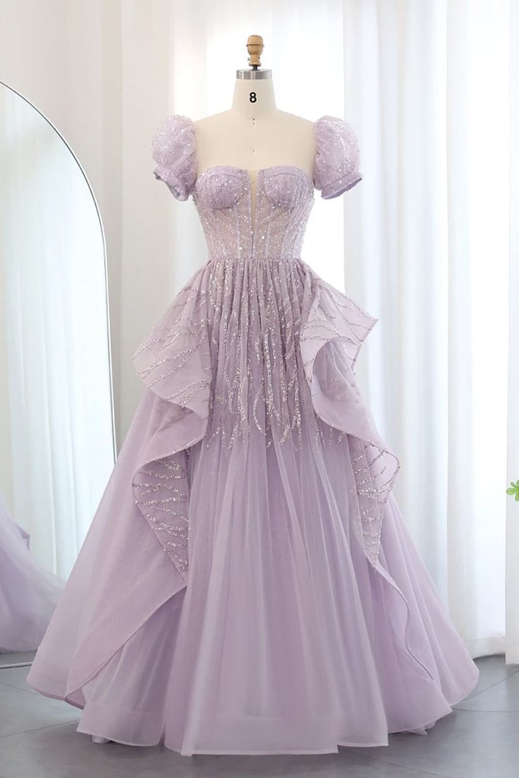 A Line Puff Sleeve Sequins Lavender Tulle Long Prom Dress Evening Dress DP1344