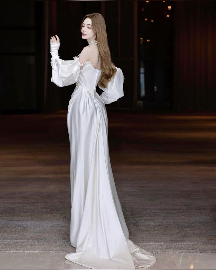 Elegant Mermaid Long Sleeve White Satin Long Prom Dress Party Dress DP3624