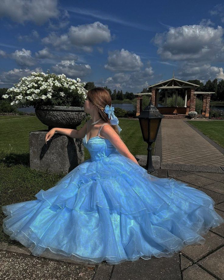 Princess Blue A Line Spaghetti Strap Tulle Long Prom Dress Date Dress DP6640
