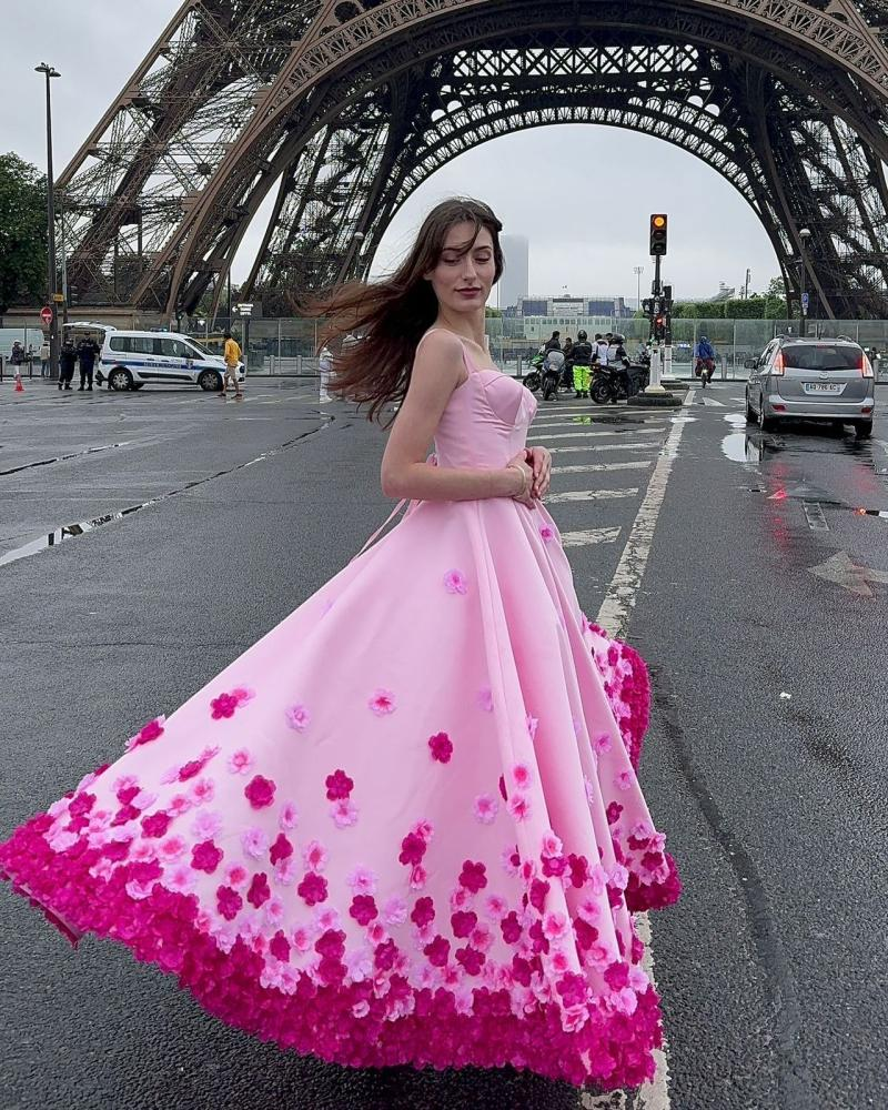 Pink Ombre Floral A Line Straps Satin Prom Dress 16th Birthday Dress Formal Dress DP3200
