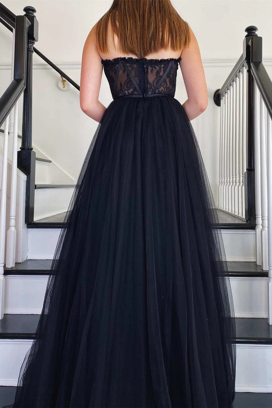A Line Strapless Black Lace Tulle Long Prom Dress Evening Dress DP1216