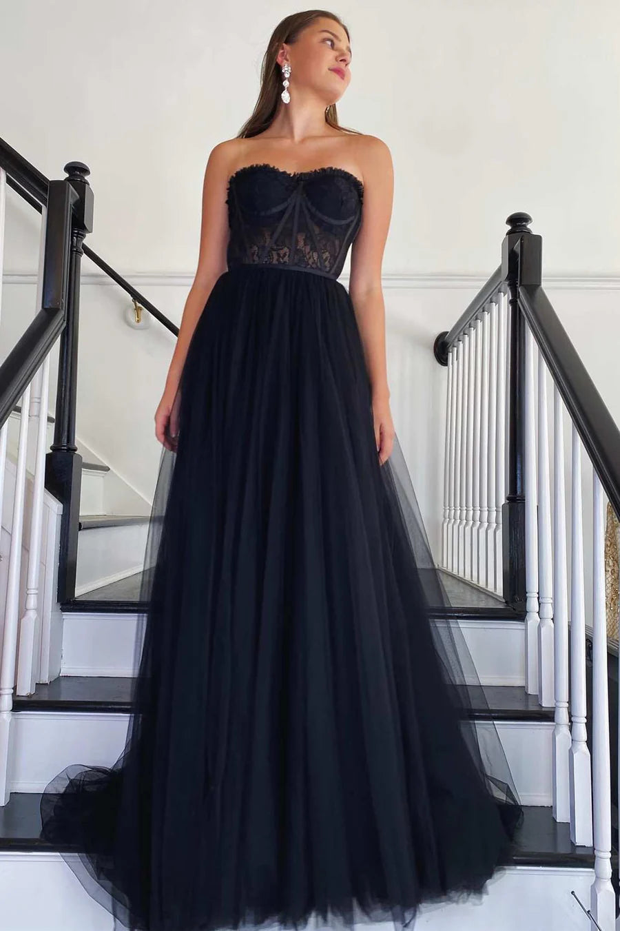 A Line Strapless Black Lace Tulle Long Prom Dress Evening Dress DP1216