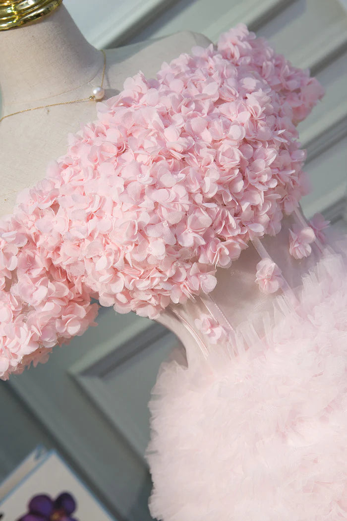 Pink A Line Tulle Homecoming Dresses With Flower Appliques DP858