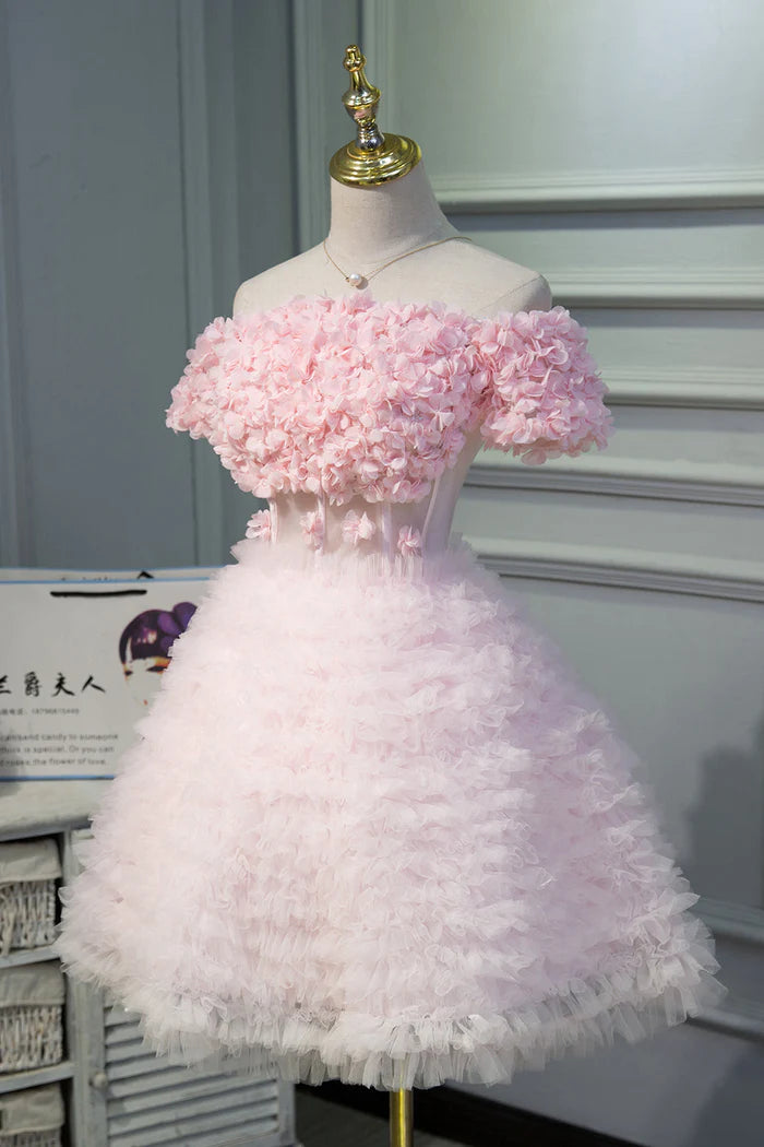 Pink A Line Tulle Homecoming Dresses With Flower Appliques DP858