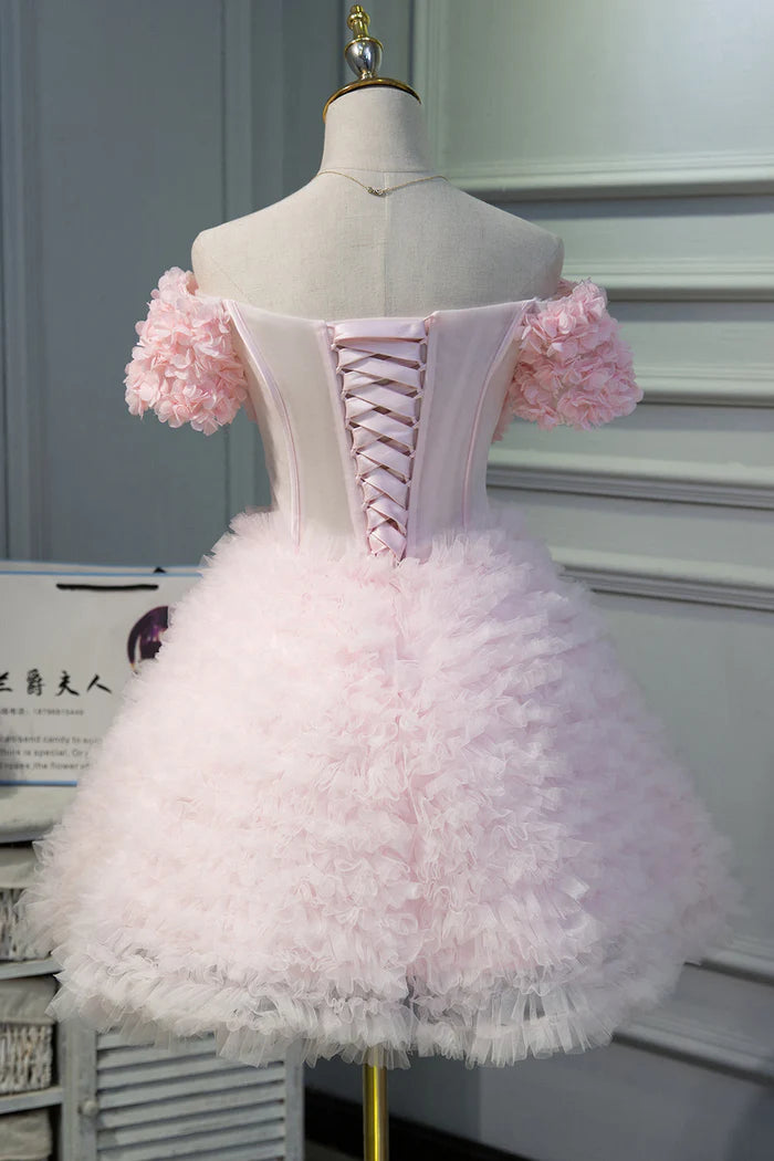 Pink A Line Tulle Homecoming Dresses With Flower Appliques DP858