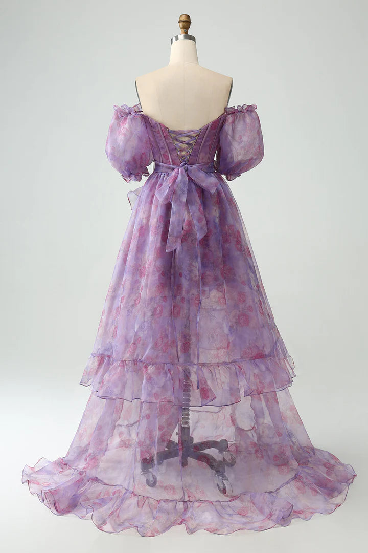 Purple A Line Puff Sleeve Corset Long Prom Dress With Slit Floor Length DP1138