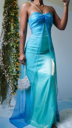 Vintage A Line Halter Blue Chiffon Satin Long Prom Dress Graduation Prom Dress DP2226