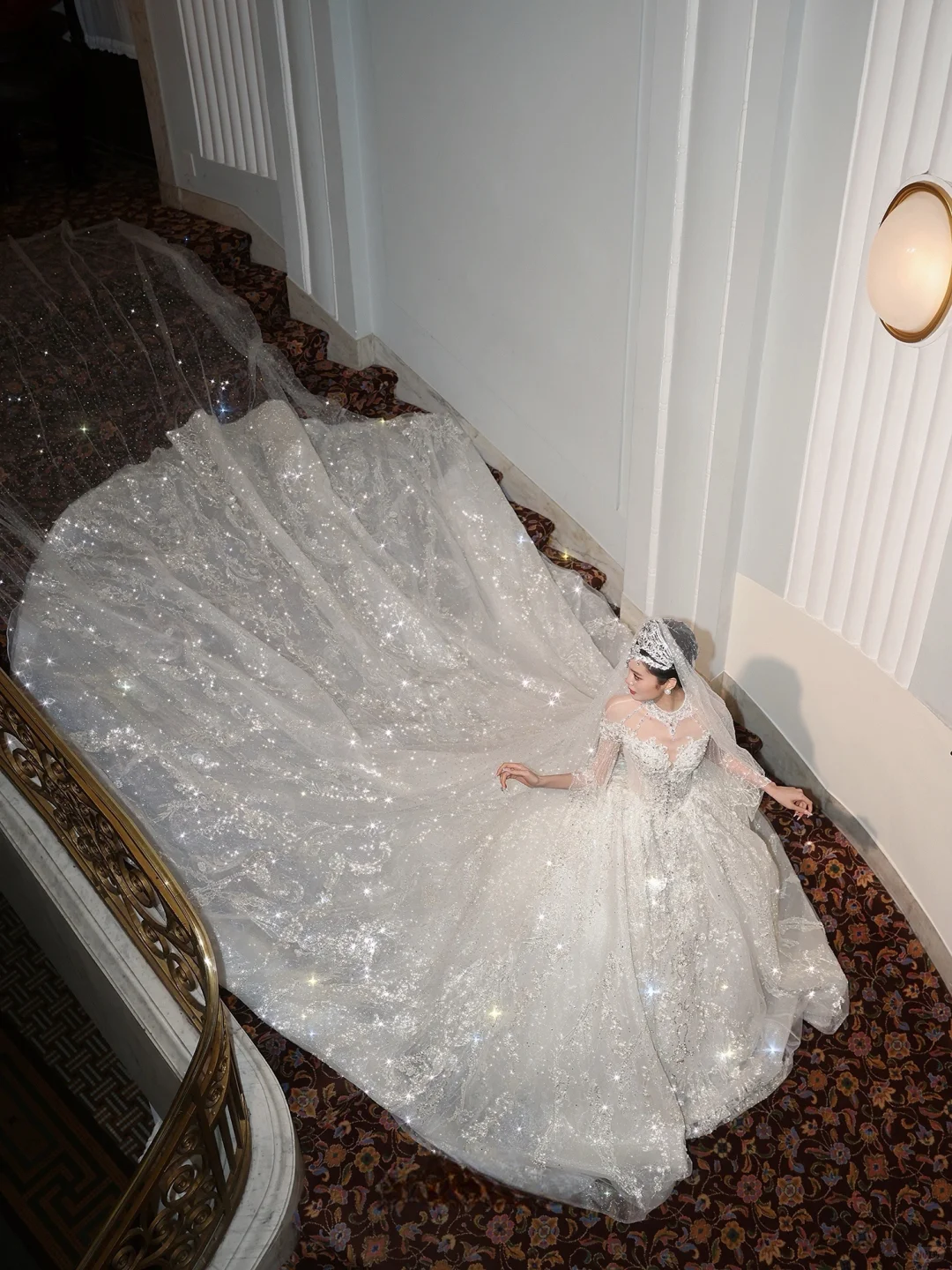 Shiny Ball Gown Long Sleeve Beaded Sequin White Tulle Prom Dress Wedding Dress DP4242