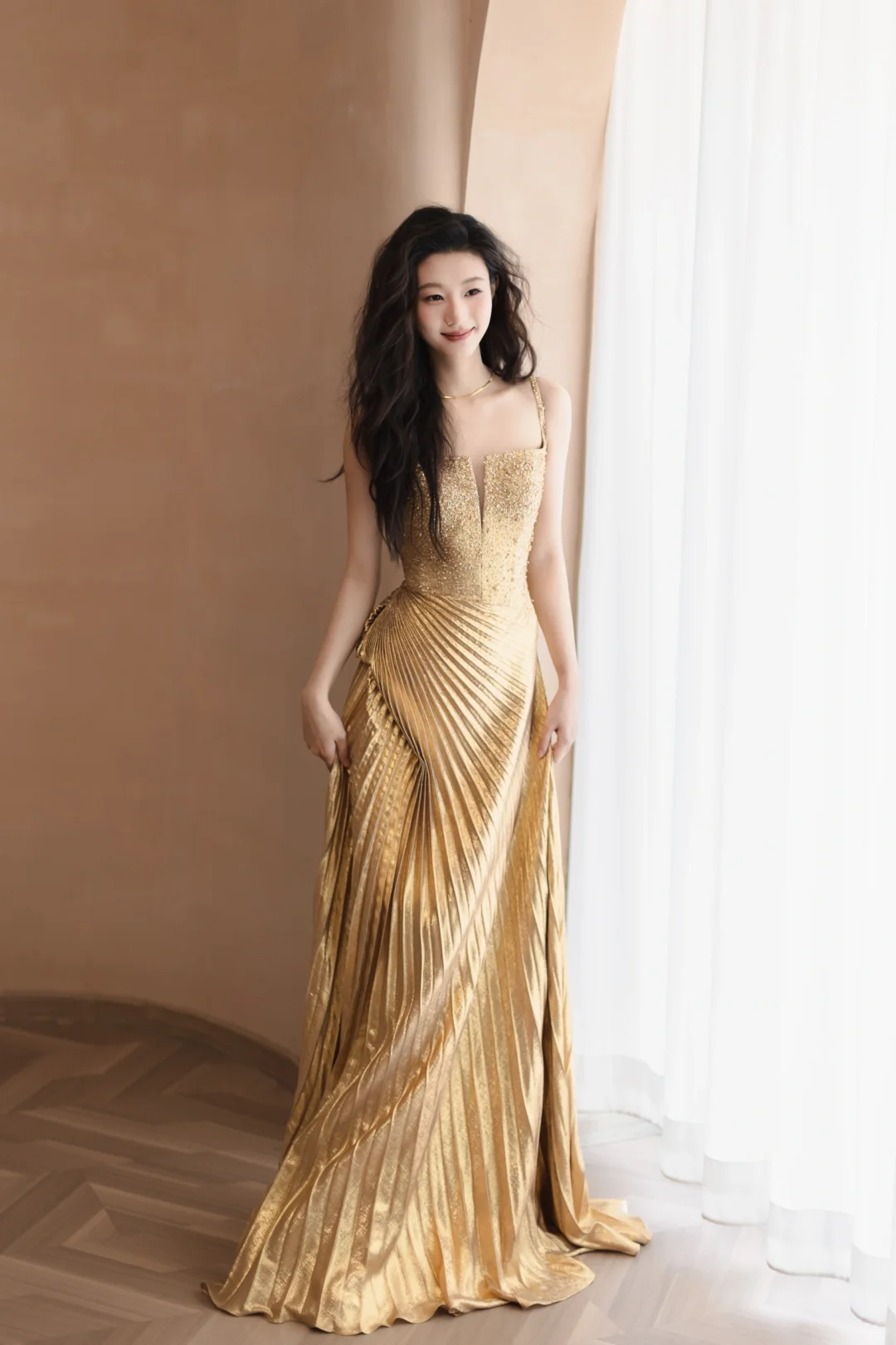 Golden A Line Spaghetti Strap Beaded Pleated Satin Long Prom Dress Formal Dress DP3331