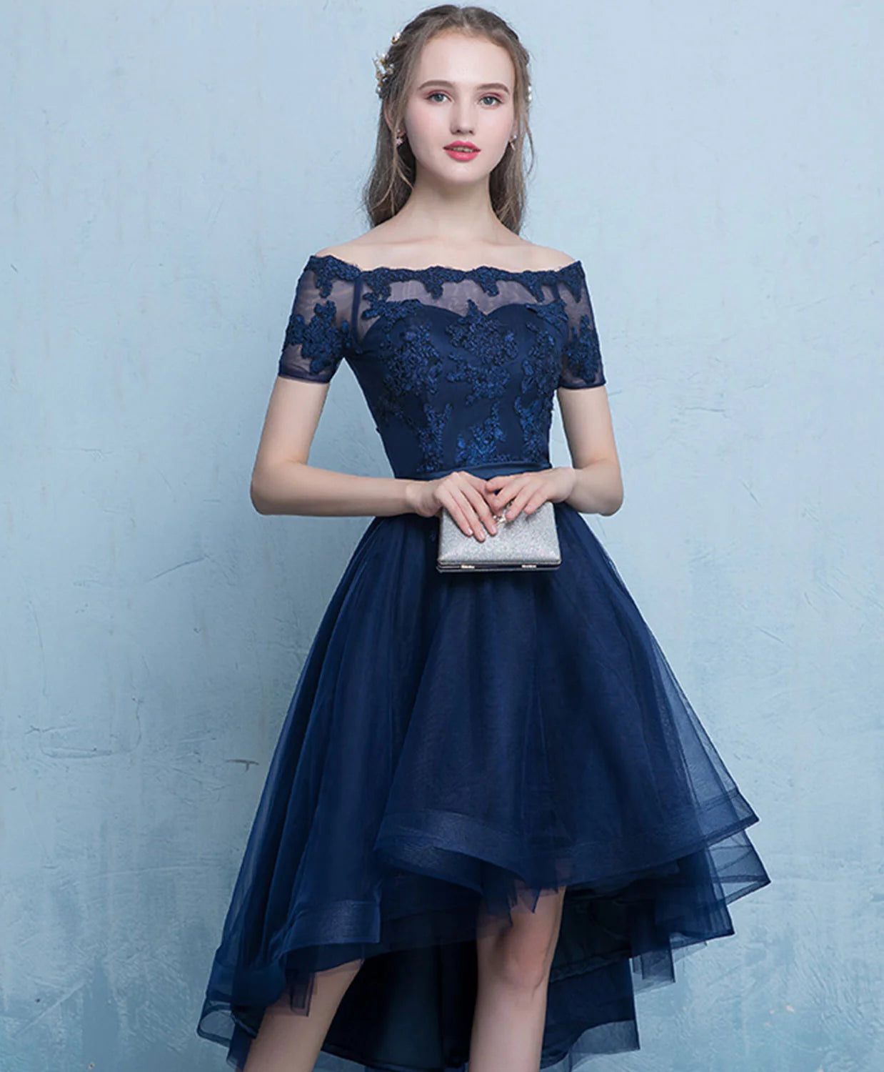 Dark Blue Lace Tulle Short Prom Dress, High Low Evening Dress Homecoming Dress DP3370