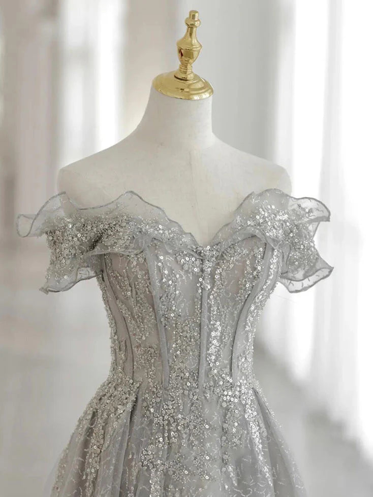 Gray Off Shoulder Sequin Lace Tulle Long Prom Dress Evening Dress DP1165