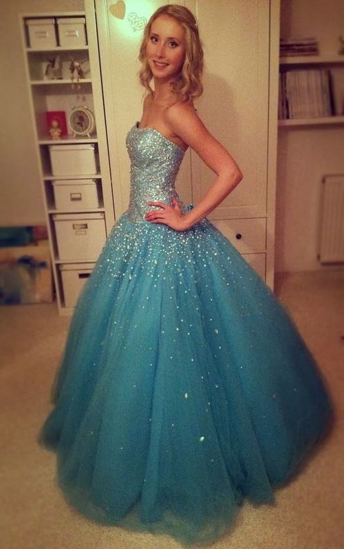 Stunning Blue A Line Strapless Sequin Tulle Prom Dress Evening Dress DP8060