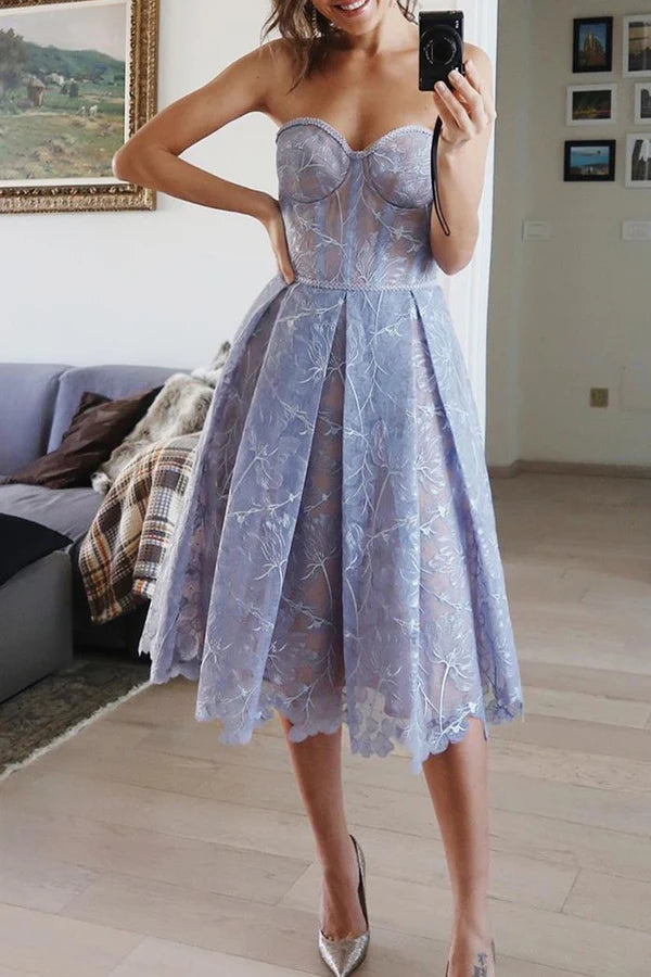 Cute A Line Sweetheart Neck Corset Floral Lace Tulle Homecoming Dress Birthday Dress DP1931