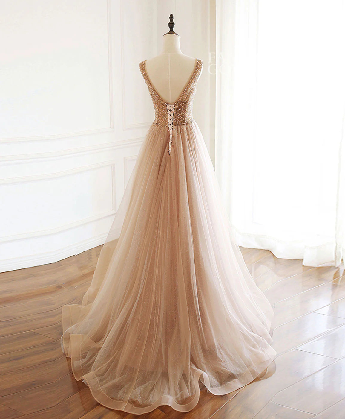 Champagne V Neck Beads Tulle Long Prom Dress Evening Dress DP1172