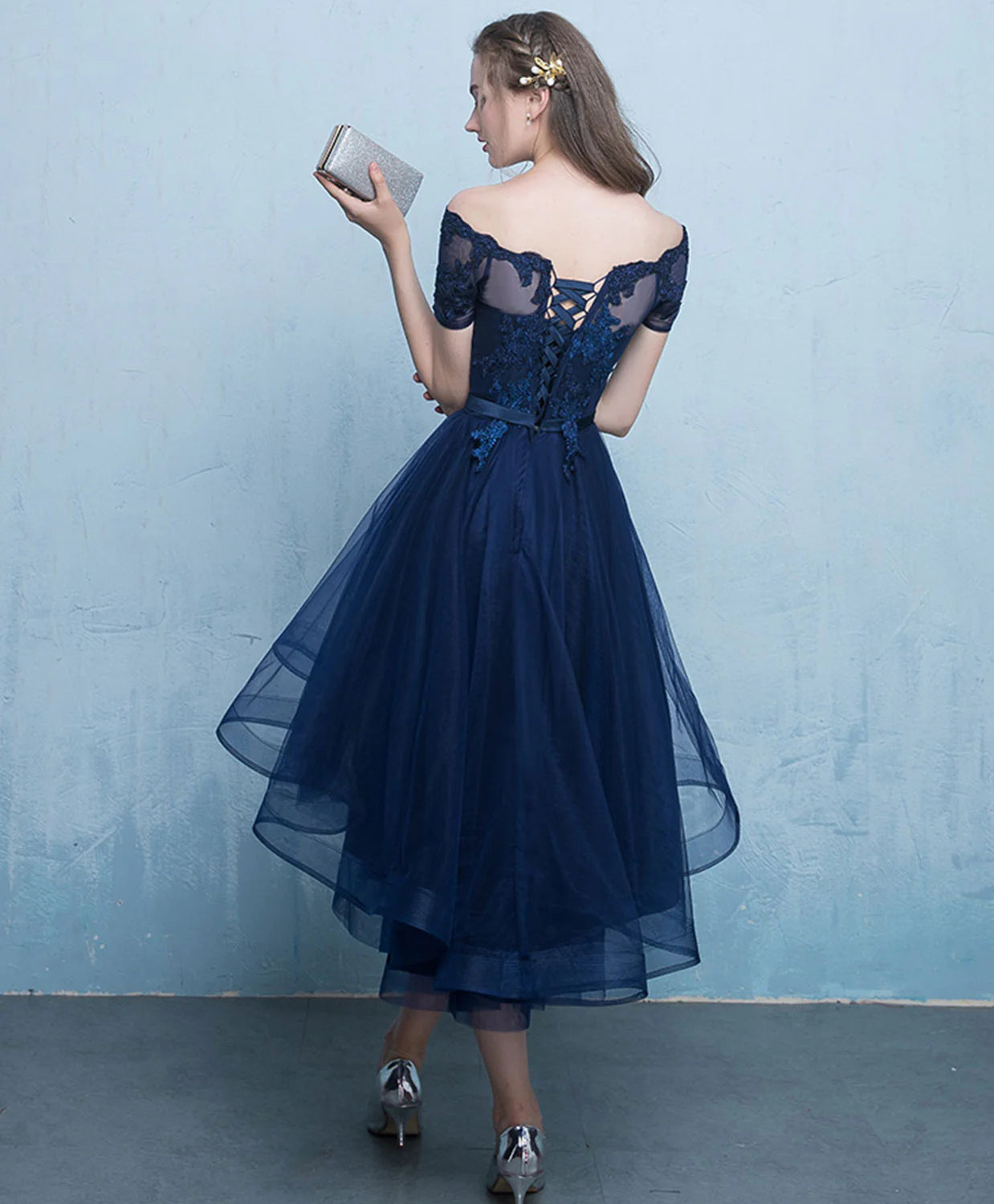Dark Blue Lace Tulle Short Prom Dress, High Low Evening Dress Homecoming Dress DP3370