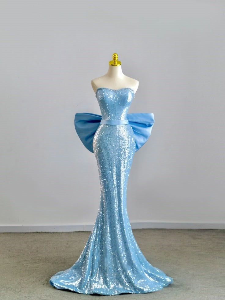 Shiny Blue Sequin Mermaid Bow Satin Long Prom Dresses Evening Gowns Party Dress DP3043