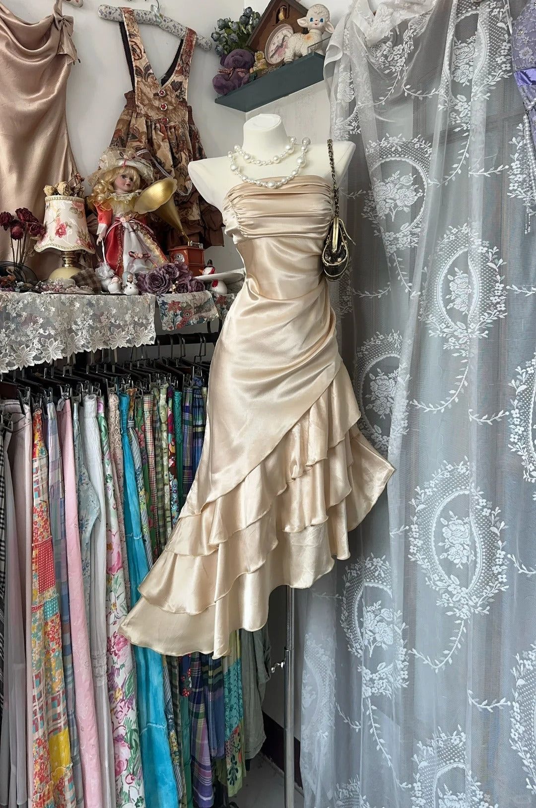 Champagne Mermaid Strapless Short Ruffle Satin Homecoming Dress Birthday Dress DP4006