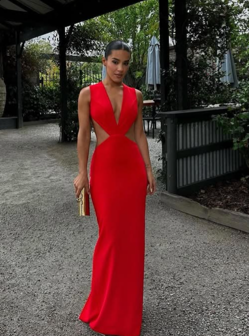Sexy Sheath V Neck Red Satin Open Back Long Prom Dress Evening Dress DP1320