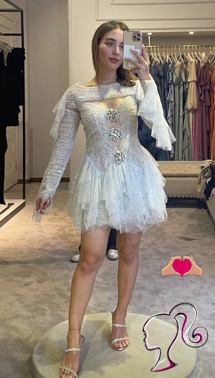 Shiny Silver Sequin A Line Long Sleeve Beaded Tulle Homecoming Dress Cocktail Dress DP3165