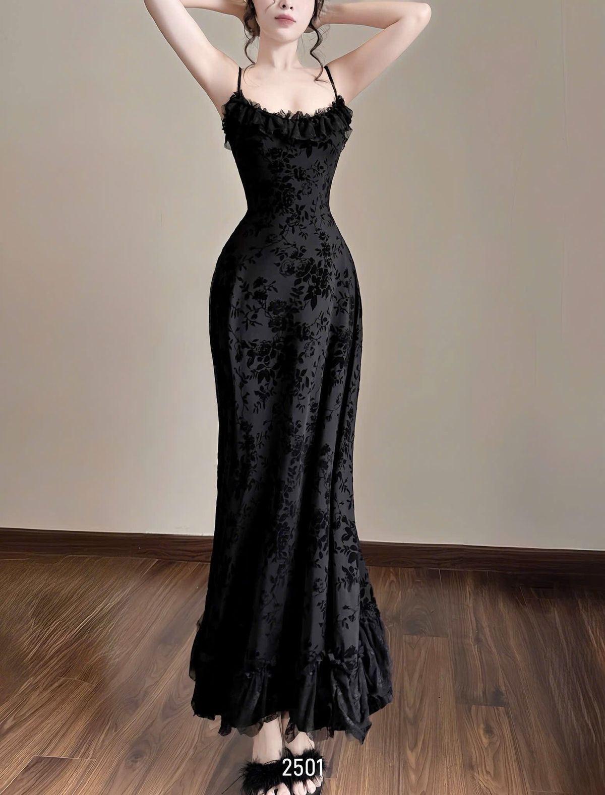 Pretty A Line Spaghetti Strap Black Print Satin Long Prom Dress Evening Dress DP6891