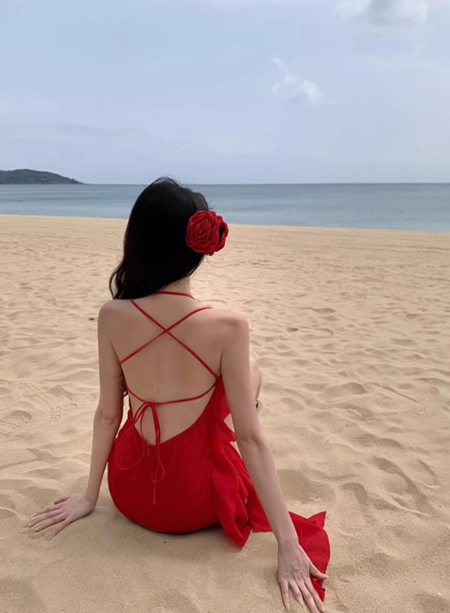 Backless Sheath Strap Red Chiffon Homecoming Dress Vacation Dress Outfits DP3407