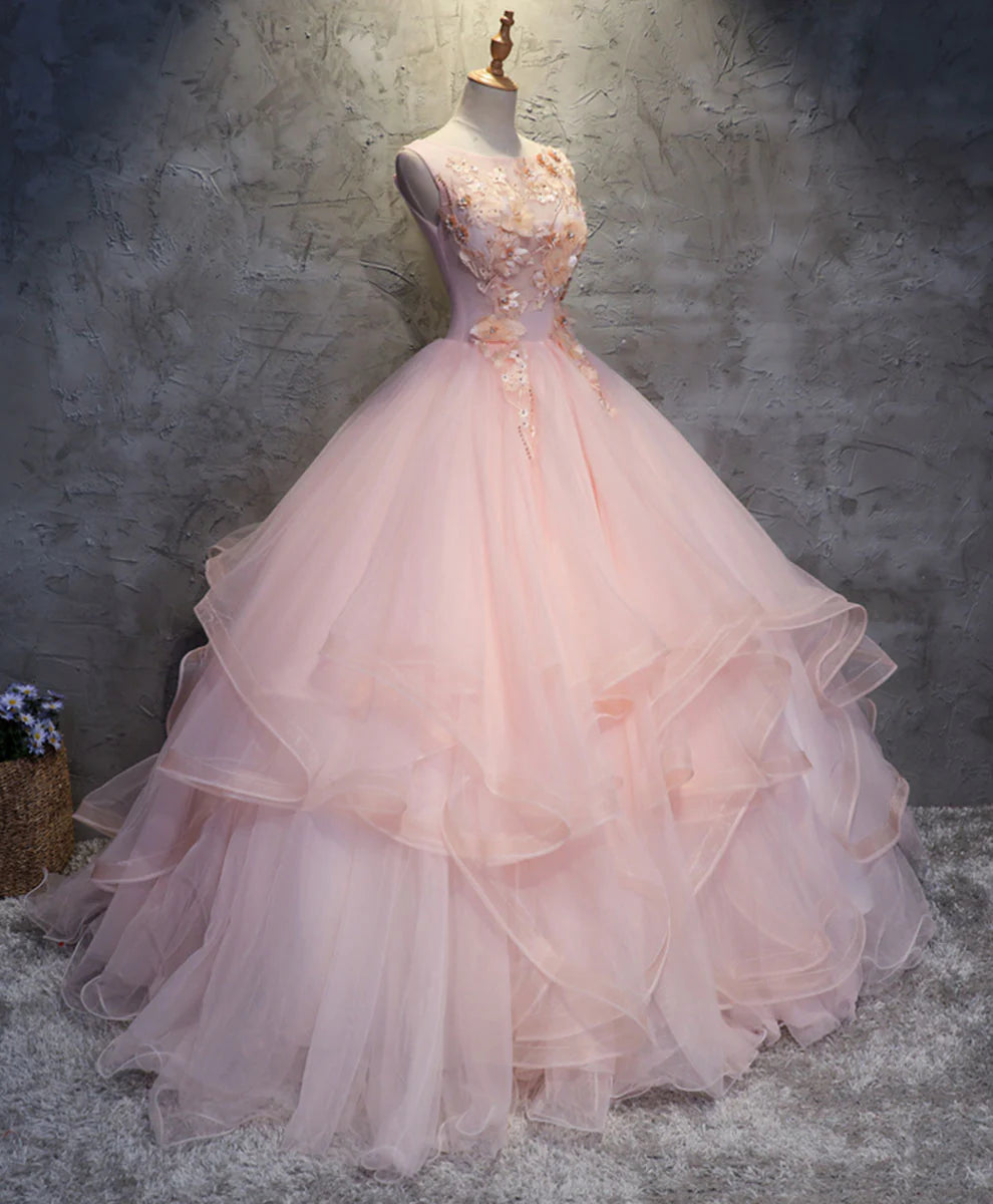 Pink Round Neck Appliques Tulle Lace Long Prom Dress Ball Gown DP1153