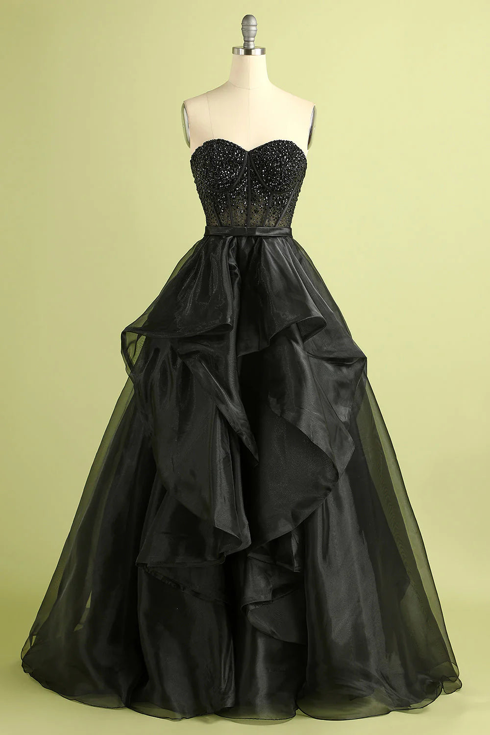 Black A Line Sweetheart Neck Beads Sequins Organza Long Prom Dress Evening Dress DP1457