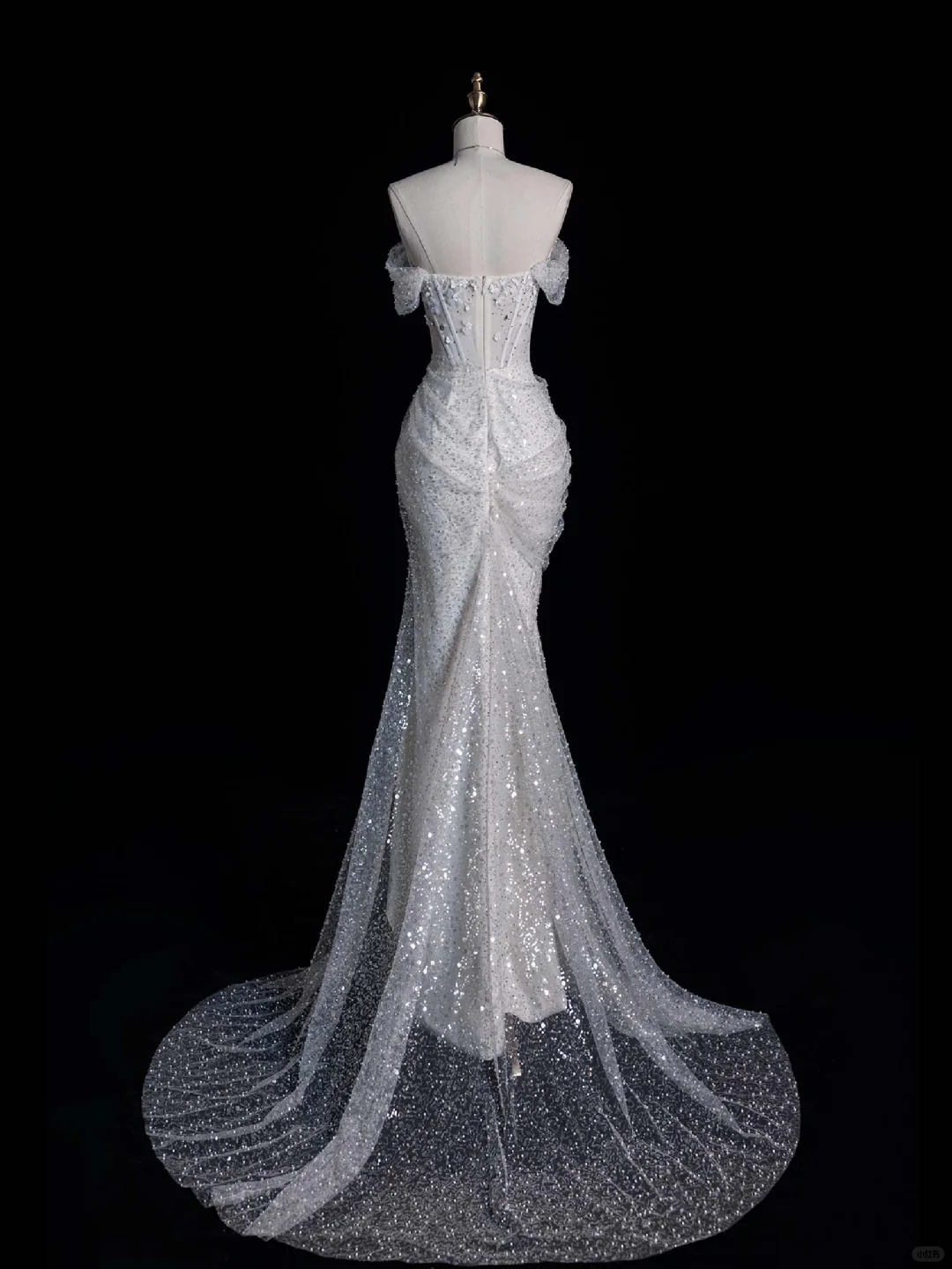 Shiny Mermaid Off the Shoulder Sequin Flower Rhinestone White Tulle Long Evening Dress Party Dress DP2298