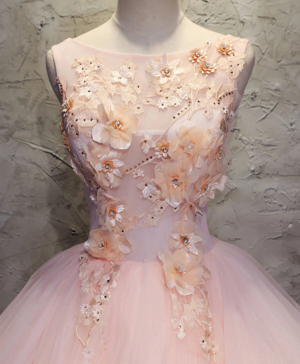 Pink Round Neck Appliques Tulle Lace Long Prom Dress Ball Gown DP1153