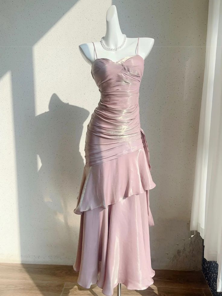 Romantic Pink Mermaid Spaghetti Strap Satin Long Prom Dress Evening Dress DP2032