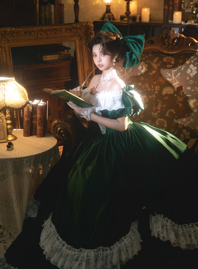 Classic Ball Gown Off the Shoulder Lace Green Satin Prom Dress 16th Birthday Dress DP3567