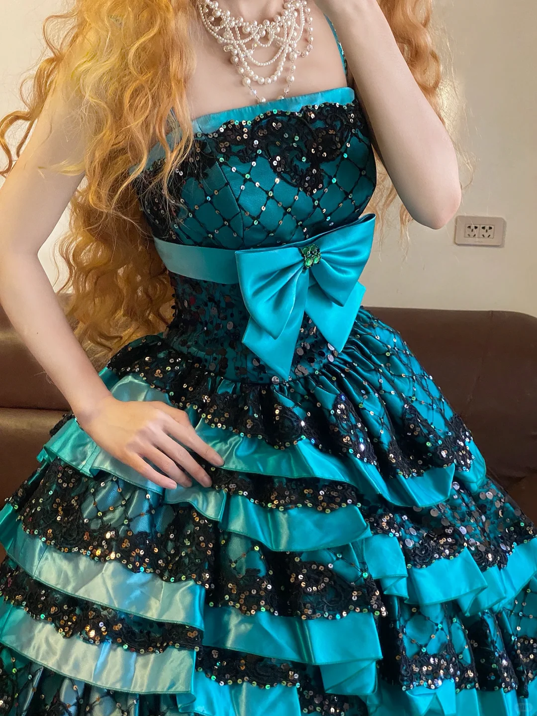 Blue Ball Gown Spaghetti Straps Black Lace Satin 16th Birthday Dress Party Dress Quinceanera Dress DP4089