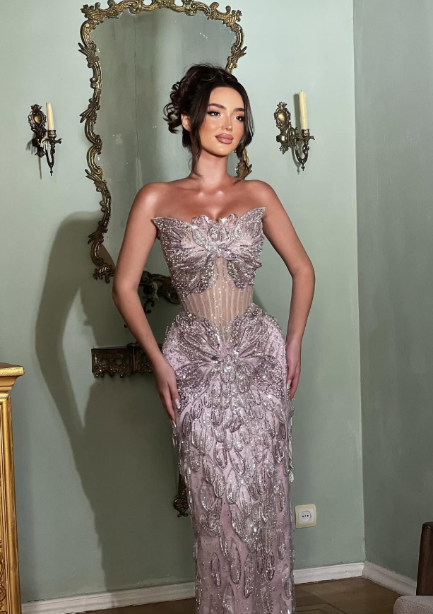 Stunning Light Purple Sheath Strapless Sequin Beaded Tulle Prom Dress DP4918